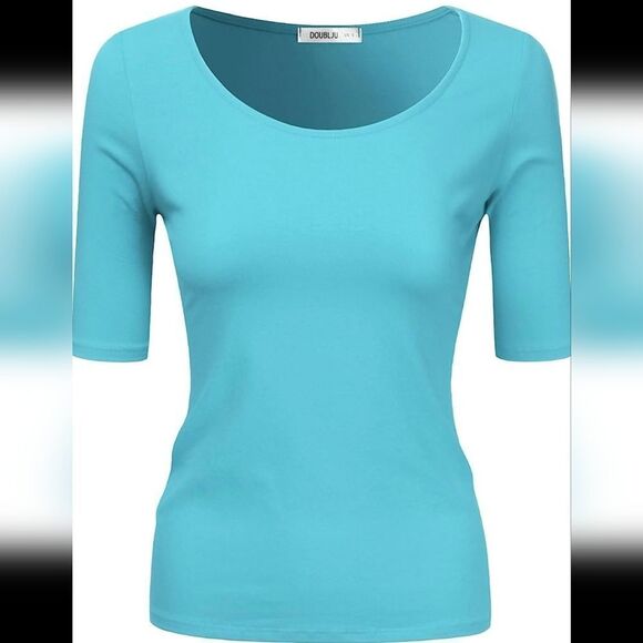 🔹️🔺️Blue Scoop Neck Stretchy Elbow Sleeve Top Large - Picture 1 of 11